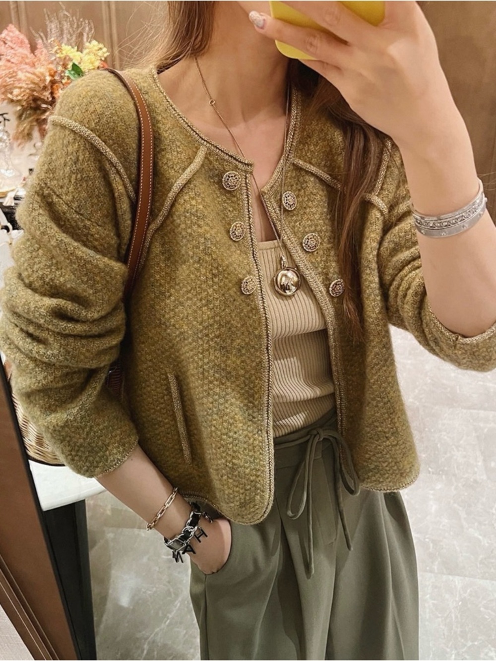 Mohair Wool Blend Cropped Cardigan | Gold Detail| soft Luxe Sweater Jacket